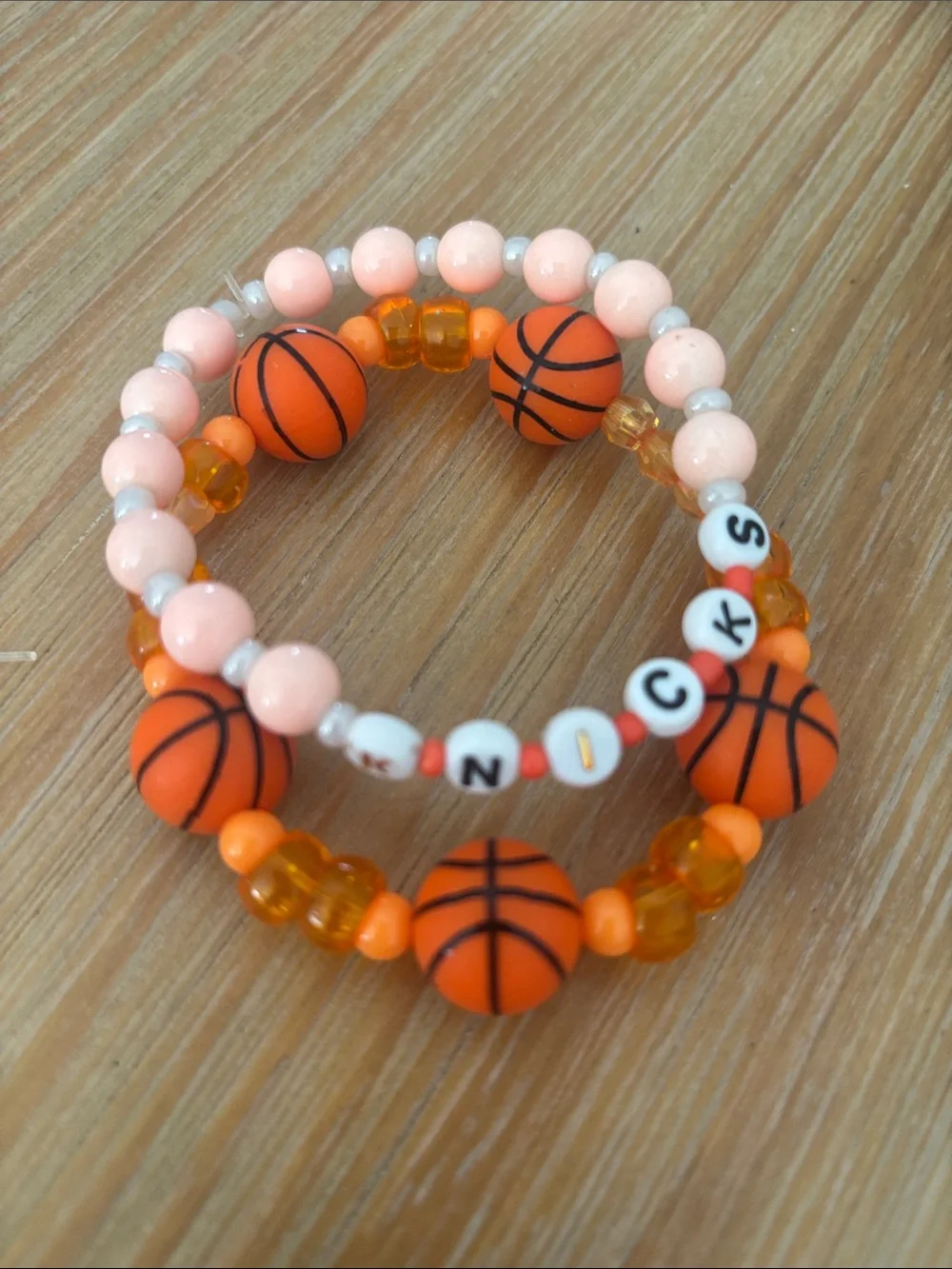 Adult size  Basketball Beaded Stretch Bracelet Set - Orange & Pink